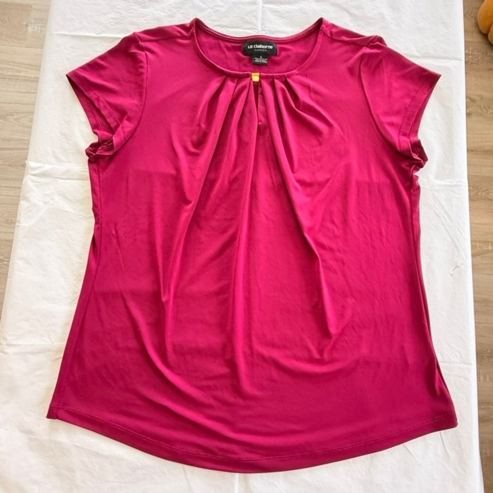 Liz Claiborne Blouse Women Large Pink Excellent Pleated Gold Hardware Career